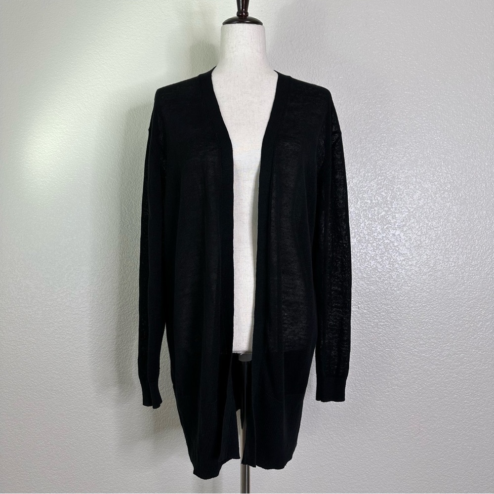 Ann Taylor Linen Blend Black Open Front Long Cardigan, Sz Medium